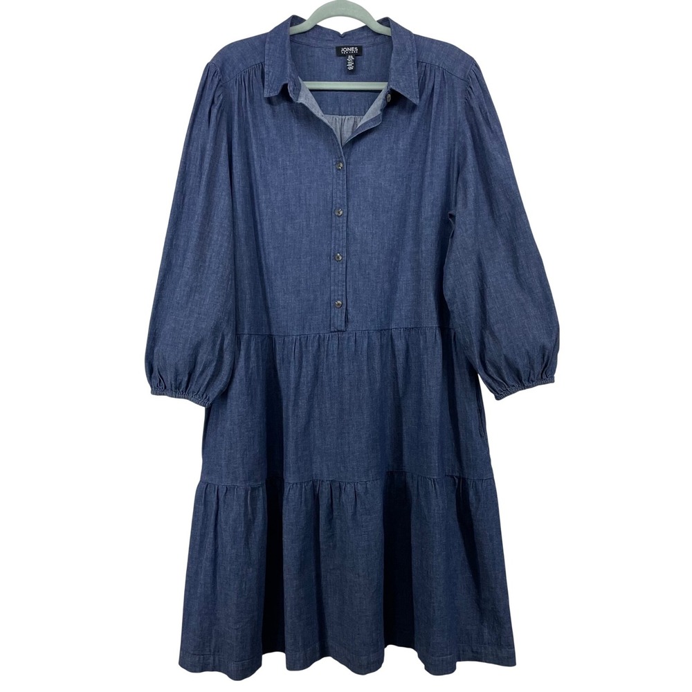 Jones New York Size XL Tiered Midi Dress Blue Chambray Cotton Pockets Womens